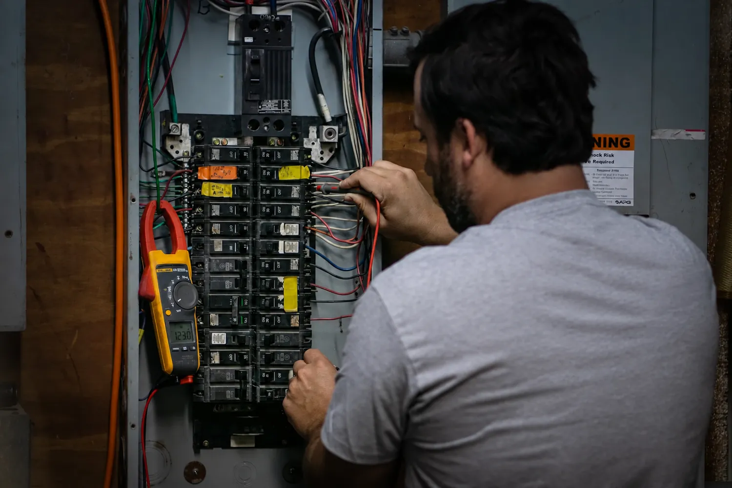 Cory Glass reviewing an electrical panel in the field