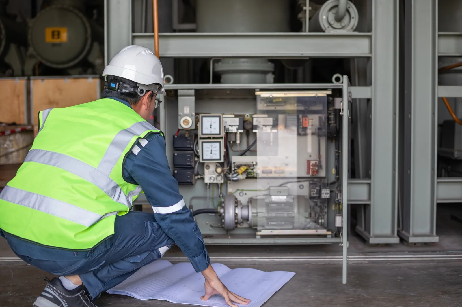 Electrical engineer reviewing equipment in the field